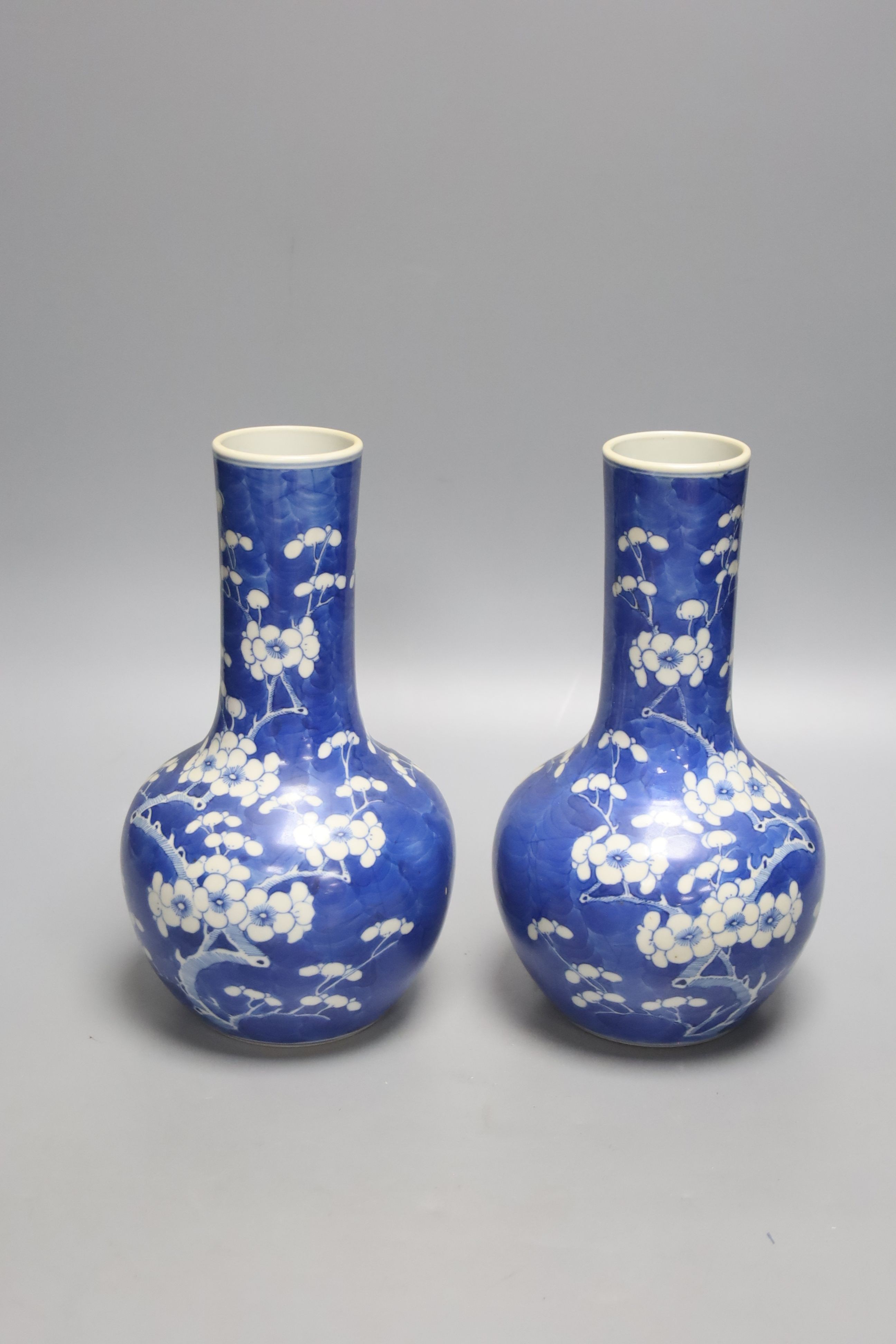 A pair of 19th century Chinese blue and white porcelain prunus vases, height 22cm